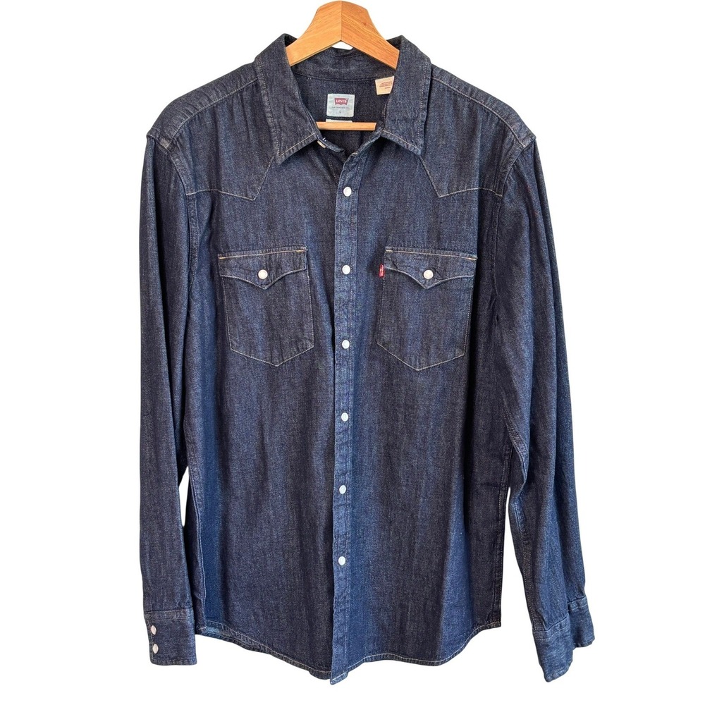 NEW Levi's Classic Western Denim Snap Shirt Dark Indigo Blue Mens Large Standard